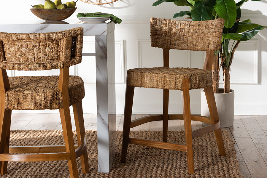 bali & pari Sabit Bohemian Seagrass and Mahogany Wood Counter Stool