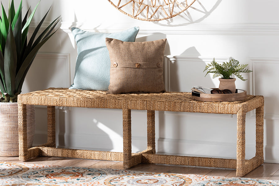 bali & pari Cipally Bohemian Seagrass and Mahogany Wood Accent Bench