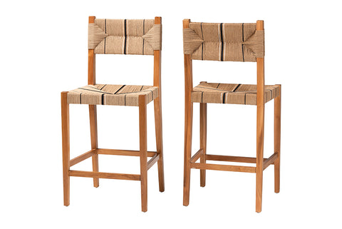 bali & pari Prita Bohemian Paper Loom and Natural Mahogany Wood 2-Piece Bar Stool Set