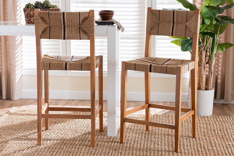 bali & pari Prita Bohemian Paper Loom and Natural Mahogany Wood 2-Piece Bar Stool Set
