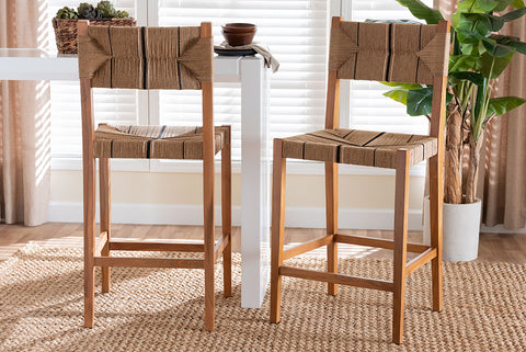 bali & pari Prita Bohemian Paper Loom and Natural Mahogany Wood 2-Piece Bar Stool Set