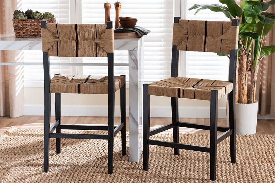 bali & pari Prita Bohemian Paper Loom and Black Mahogany Wood 2-Piece Counter Stool Set