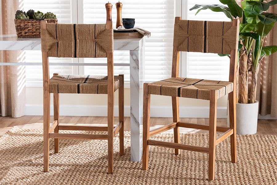 bali & pari Prita Bohemian Paper Loom and Natural Mahogany Wood 2-Piece Counter Stool Set