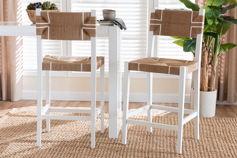 bali & pari Talli Bohemian Paper Loom and White Mahogany Wood 2-Piece Bar Stool Set