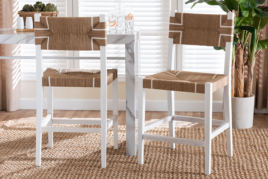 bali & pari Talli Bohemian Paper Loom and White Mahogany Wood 2-Piece Counter Stool Set