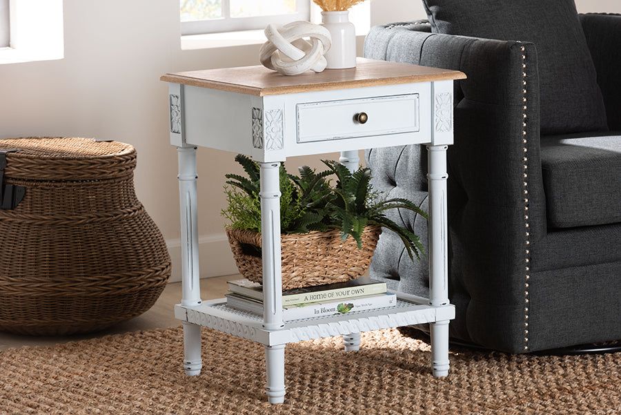 Baxton Studio Legrand Classic French Two-Tone White and Natural Brown 1-Drawer End Table
