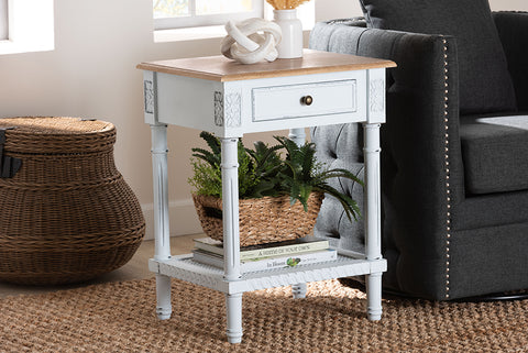 Baxton Studio Legrand Classic French Two-Tone White and Natural Brown 1-Drawer End Table