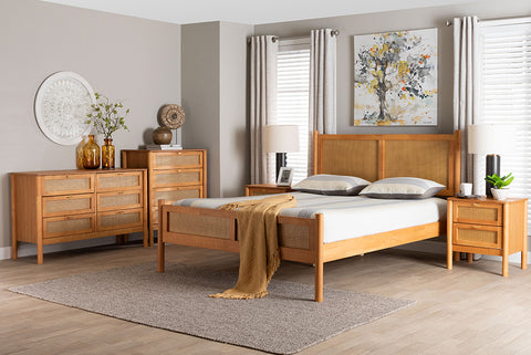Baxton Studio Jenn Golden Brown Wood Japandi 5-Piece Queen Size Bedroom Set with Distressed-Finished Rattan
