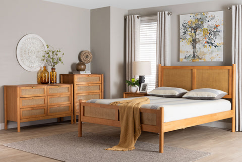 Baxton Studio Jenn Golden Brown Wood Japandi 4-Piece Queen Size Bedroom Set with Distressed-Finished Rattan