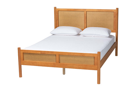 Baxton Studio Jenn Golden Brown Wood Japandi Queen Size Platform Bed with Distressed-Finished Rattan