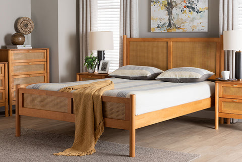 Baxton Studio Jenn Golden Brown Wood Japandi Queen Size Platform Bed with Distressed-Finished Rattan