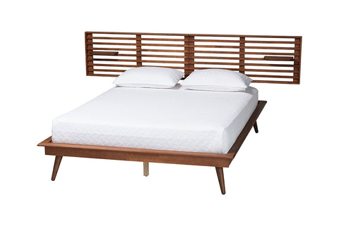Baxton Studio Elvina Mid-Century Transitional Ash Walnut Wood King Size Platform Bed with Built-In Shelves