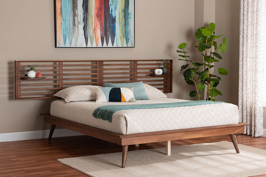 Baxton Studio Elvina Mid-Century Transitional Ash Walnut Wood Queen Size Platform Bed with Built-In Shelves