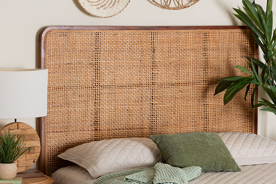 bali & pari Caspia Bohemian Natural Rattan and Mahogany Wood Queen Size Headboard
