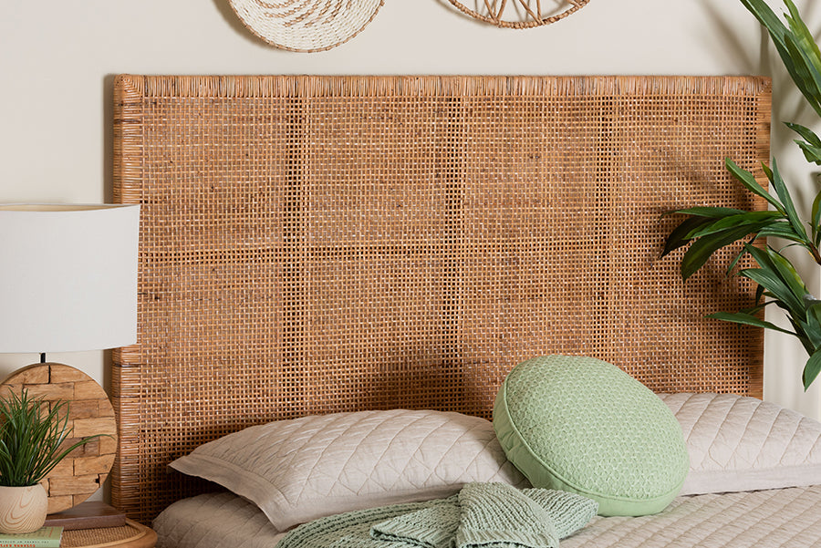 bali & pari Lesia Bohemian Natural Rattan and Mahogany Wood Queen Size Headboard