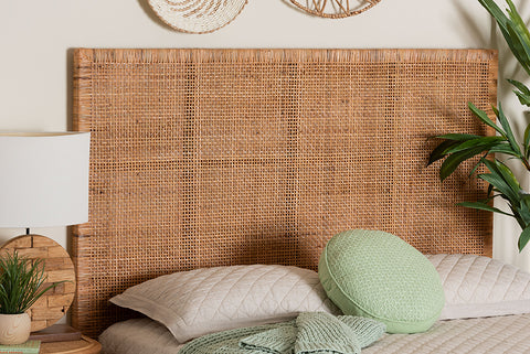 bali & pari Lesia Bohemian Natural Rattan and Mahogany Wood Queen Size Headboard
