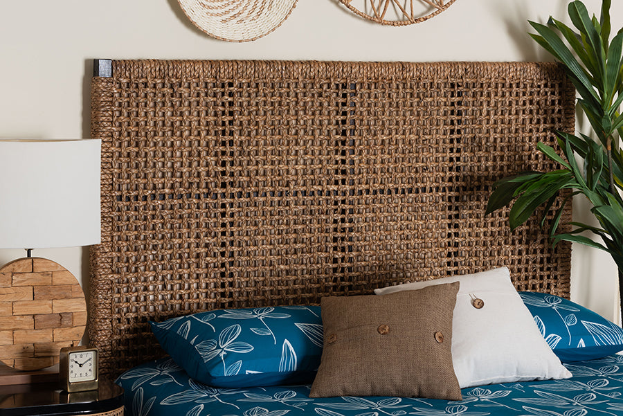 bali & pari Alise Bohemian Seagrass and Dark Brown Mahogany Wood Queen Size Headboard