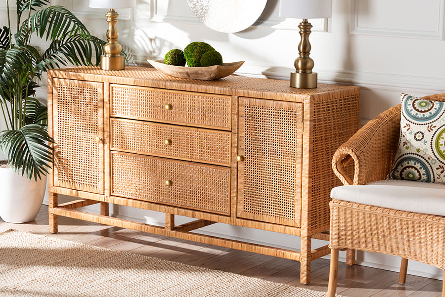 bali & pari Vivan Bohemian Honey Rattan and Mahogany Wood 3-Drawer Storage Cabinet
