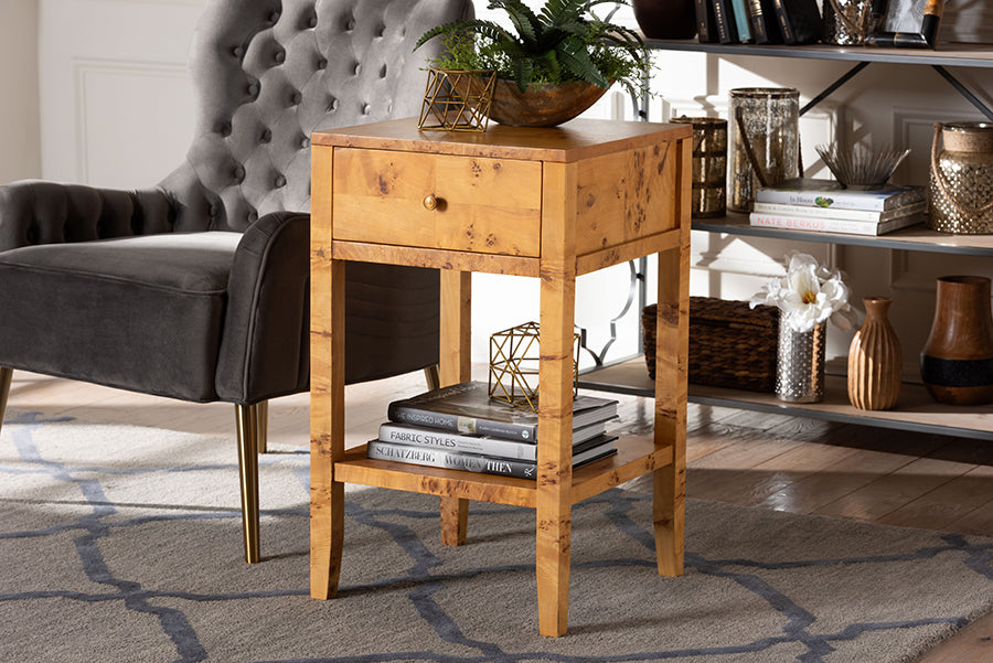 bali & pari Ghina Modern and Contemporary Natural Light Mappa Real Burl Wood 1-Drawer Nightstand