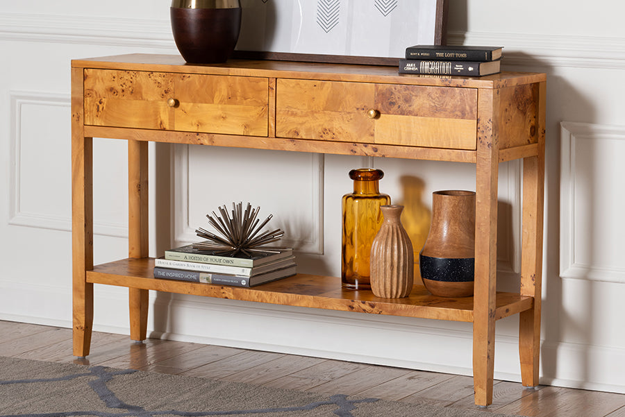 bali & pari Ghina Modern and Contemporary Natural Light Mappa Real Burl Wood 2-Drawer Console Table