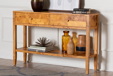 bali & pari Ghina Modern and Contemporary Natural Light Mappa Real Burl Wood 2-Drawer Console Table