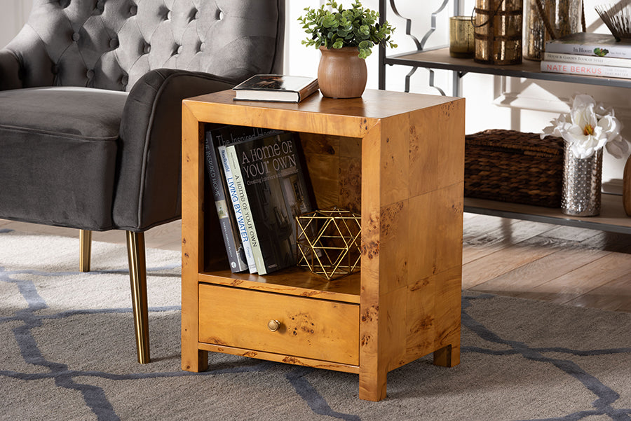 bali & pari Camira Modern and Contemporary Natural Light Mappa Real Burl Wood 1-Drawer Nightstand