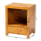 bali & pari Camira Modern and Contemporary Natural Light Mappa Real Burl Wood 1-Drawer Nightstand