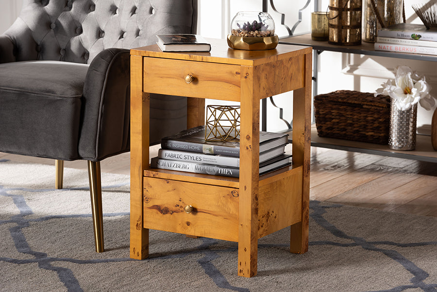 bali & pari Azmi Modern and Contemporary Natural Light Mappa Real Burl Wood 2-Drawer Nightstand