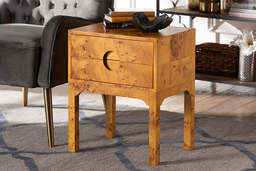 bali & pari Kayla Modern and Contemporary Natural Light Mappa Real Burl Wood 2-Drawer Nightstand