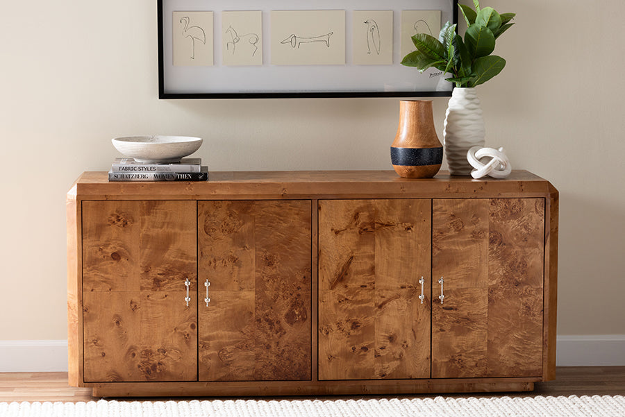 bali & pari Valora Modern and Contemporary Natural Mappa Real Burl Wood 4-Door Sideboard Buffet