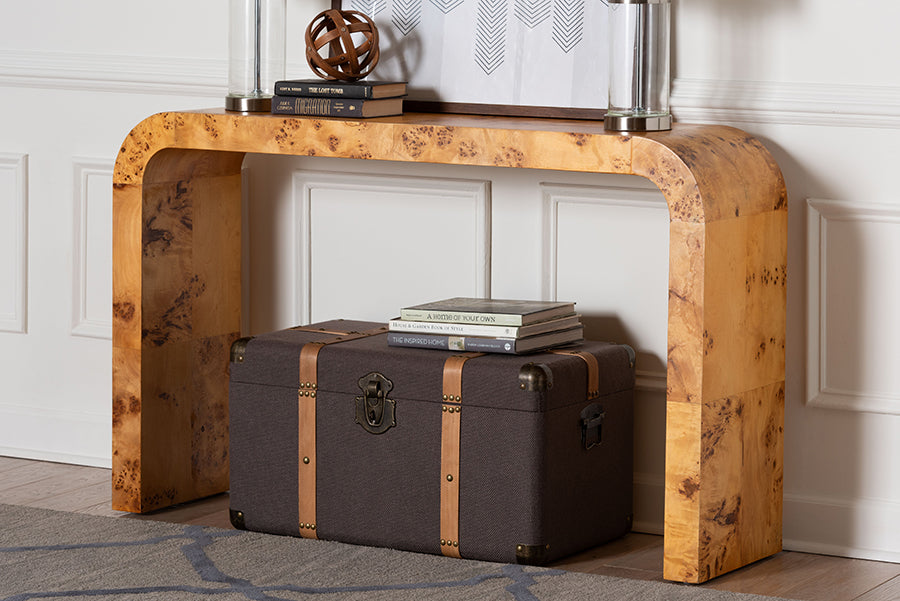 bali & pari Revelle Modern and Contemporary Natural Light Mappa Real Burl Wood Console Table