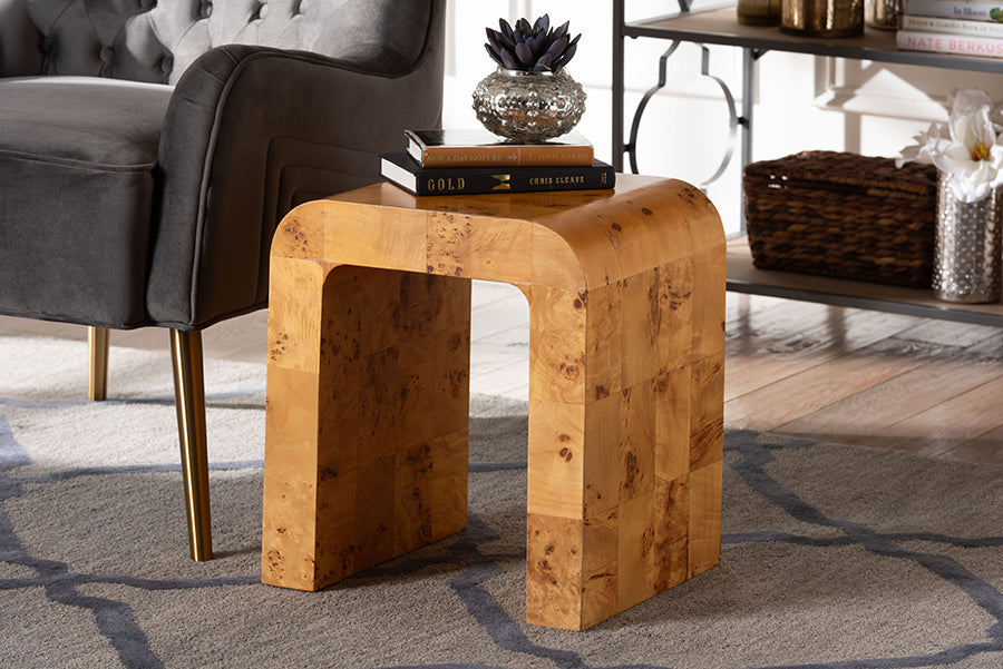 bali & pari Revelle Modern and Contemporary Natural Light Mappa Real Burl Wood End Table