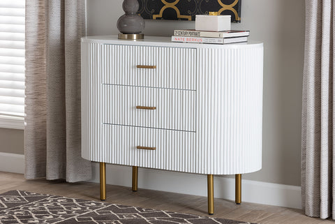 bali & pari Beyla Mid-Century White Fluted Wood and Gold Metal 3-Drawer Dresser