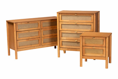 Baxton Studio Jenn Golden Brown Wood Japandi 3-Piece Storage Set with Distressed-Finished Rattan