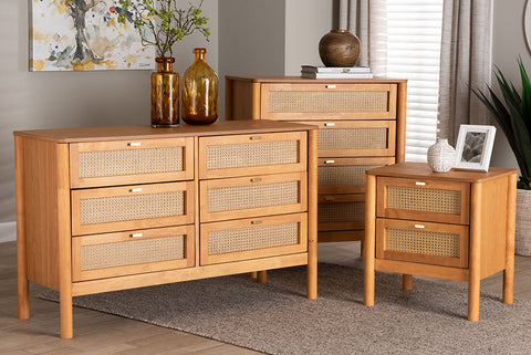 Baxton Studio Jenn Golden Brown Wood Japandi 3-Piece Storage Set with Distressed-Finished Rattan