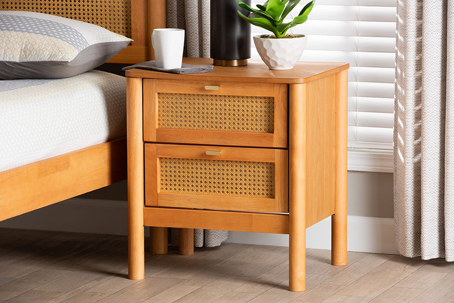 Baxton Studio Jenn Golden Brown Wood Japandi 2-Drawer Nightstand with Distressed-Finished Rattan