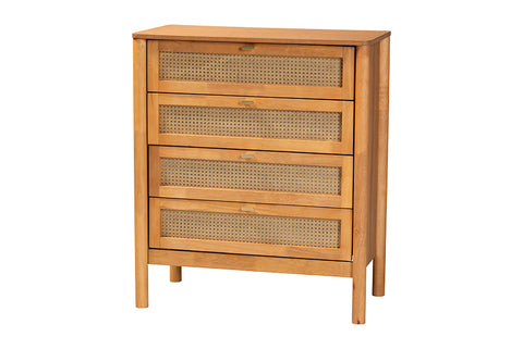 Baxton Studio Jenn Golden Brown Wood Japandi 4-Drawer Chest with Distressed-Finished Rattan