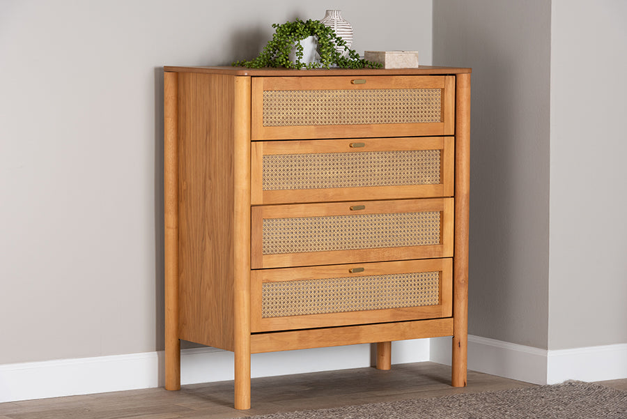 Baxton Studio Jenn Golden Brown Wood Japandi 4-Drawer Chest with Distressed-Finished Rattan