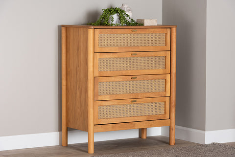 Baxton Studio Jenn Golden Brown Wood Japandi 4-Drawer Chest with Distressed-Finished Rattan