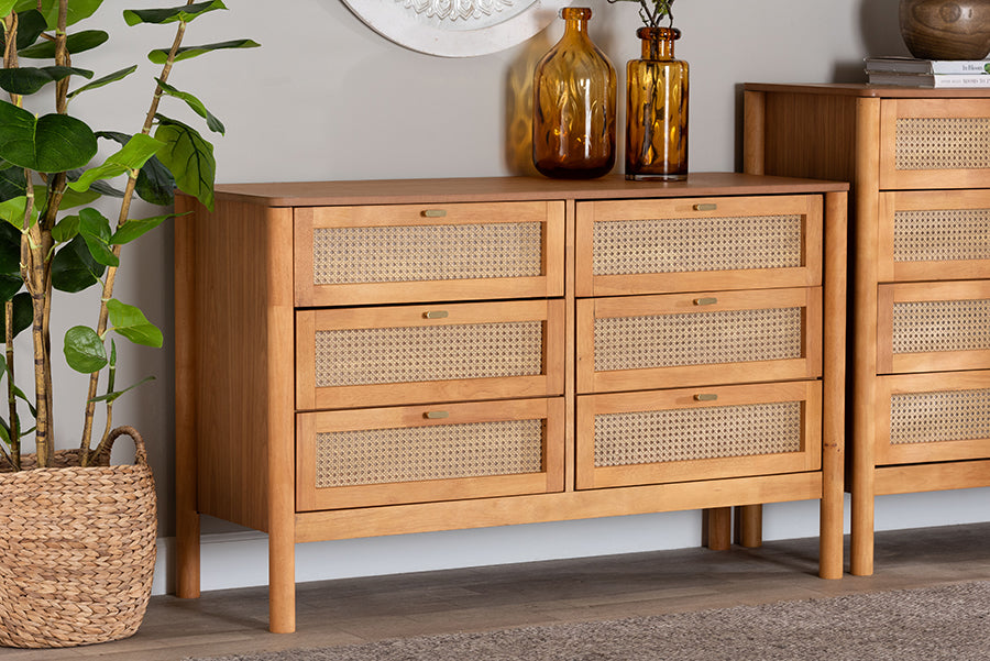 Baxton Studio Jenn Golden Brown Wood Japandi 6-Drawer Dresser with Distressed-Finished Rattan