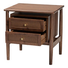 Baxton Studio Alyssa Japandi Walnut Brown Wood 2-Drawer Nightstand Woven with Rattan