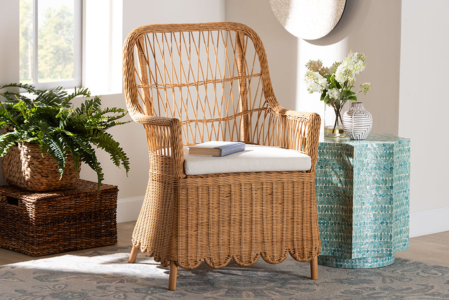 bali & pari Teresa Bohemian Light Honey Scalloped Rattan Arm Chair