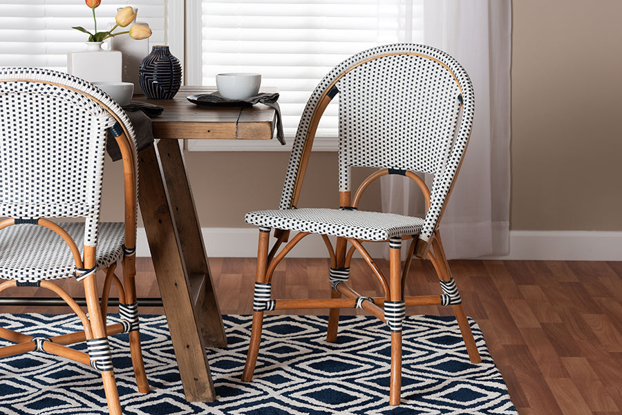 bali & pari Genica Classic French Two-Tone Navy and White Weaving and Natural Rattan Bistro Chair