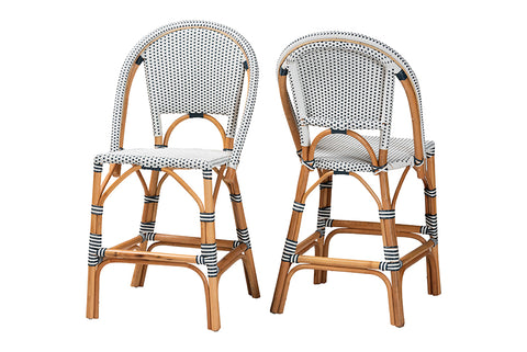 bali & pari Genica Classic French Two-Tone Navy and White Weaving and Natural Rattan 2-Piece Counter Stool Set