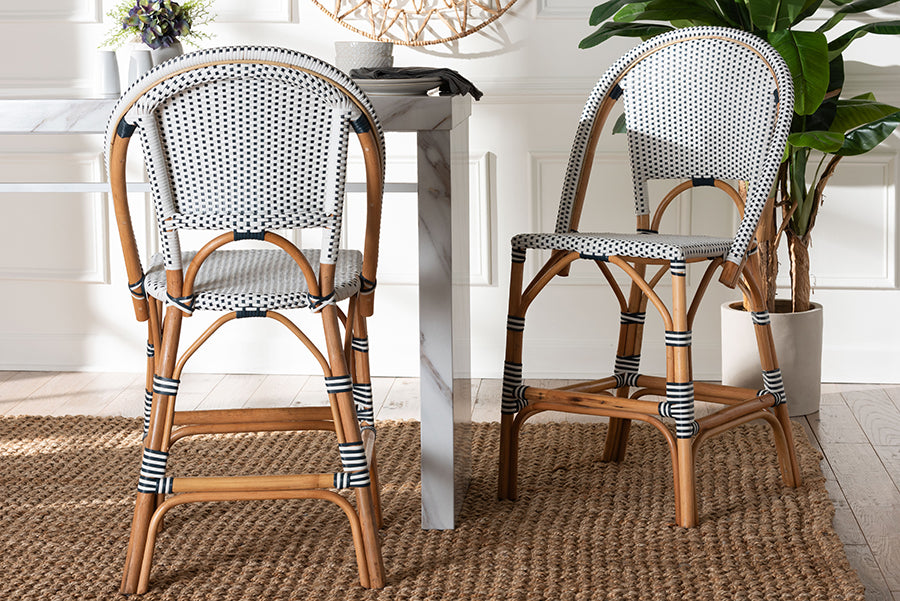 bali & pari Genica Classic French Two-Tone Navy and White Weaving and Natural Rattan 2-Piece Counter Stool Set