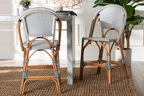 bali & pari Genica Classic French Two-Tone Navy and White Weaving and Natural Rattan 2-Piece Counter Stool Set