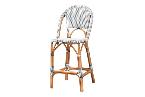 bali & pari Genica Classic French Two-Tone Navy and White Weaving and Natural Rattan Bar Stool