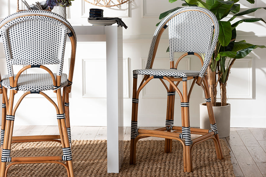 bali & pari Genica Classic French Two-Tone Navy and White Weaving and Natural Rattan Bar Stool