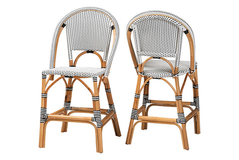 bali & pari Genica Classic French Two-Tone Black and White Weaving and Natural Rattan 2-Piece Counter Stool Set