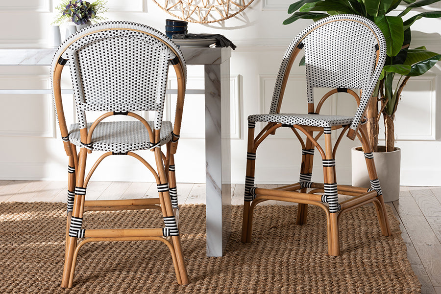 bali & pari Genica Classic French Two-Tone Black and White Weaving and Natural Rattan 2-Piece Counter Stool Set